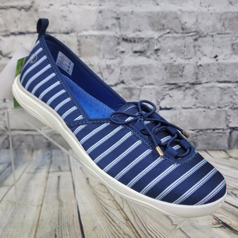 Lands' End Water Shoes Womens 7B Navy Blue Striped Bungee Slip On Nautical Beach